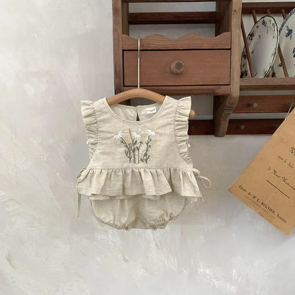 ノースリーブセットアップ Apricot / 73cm ベビーセットアップ 2点セット ノースリーブフリルトップス+ブルマパンツ フラワー花柄刺繍 ピンク/アプリコット/2カラー【mh0004558】