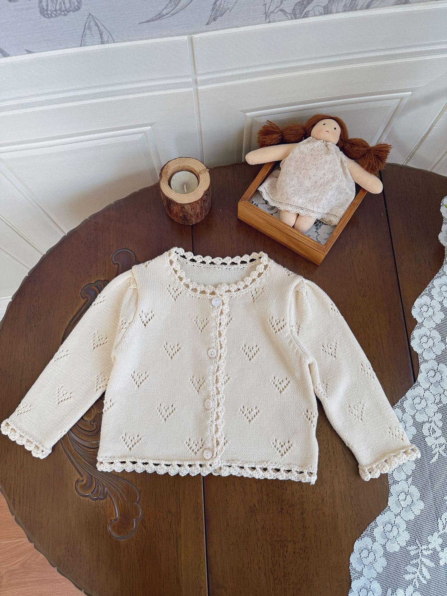 カーディガン・パーカー Apricot / 73cm Hand-Knit Style Lace Cardigan クロシェ風 レース カーディガン【mh0012157】