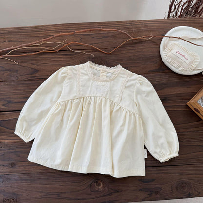 長袖シャツ・ブラウス Apricot / 73cm ギャザー切り替え刺繍レース長袖ブラウス【mh0011151】