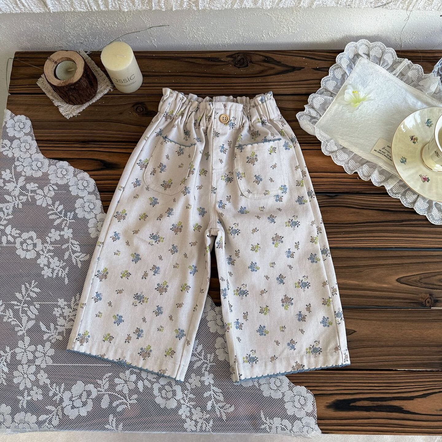 ロングパンツ・スウェットパンツ Apricot / 80cm Floral Twill Wide-Leg Pants 花柄ツイルワイドパンツ【mh0012116】