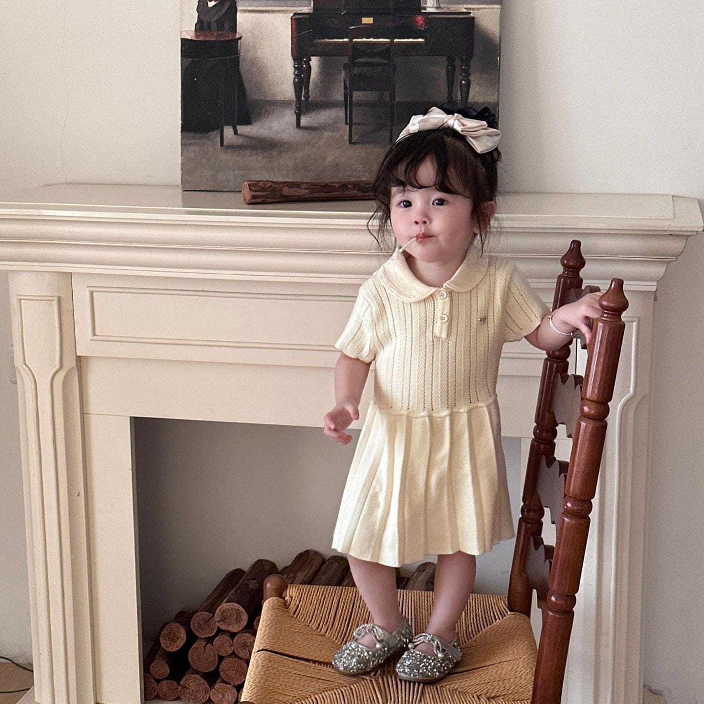 半袖ワンピース Apricot / 80cm ベビーキッズワンピース レースニット半袖ポロシャツワンピース【mh0009120】