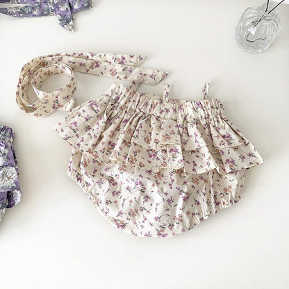 ブルマパンツ Apricot / 9M/73cm ベビー フラワー 花柄 ラッフル フリル サスペンダー ブルマ パンツ アプリコットベージュ パープル ガールズ【mh0002075】