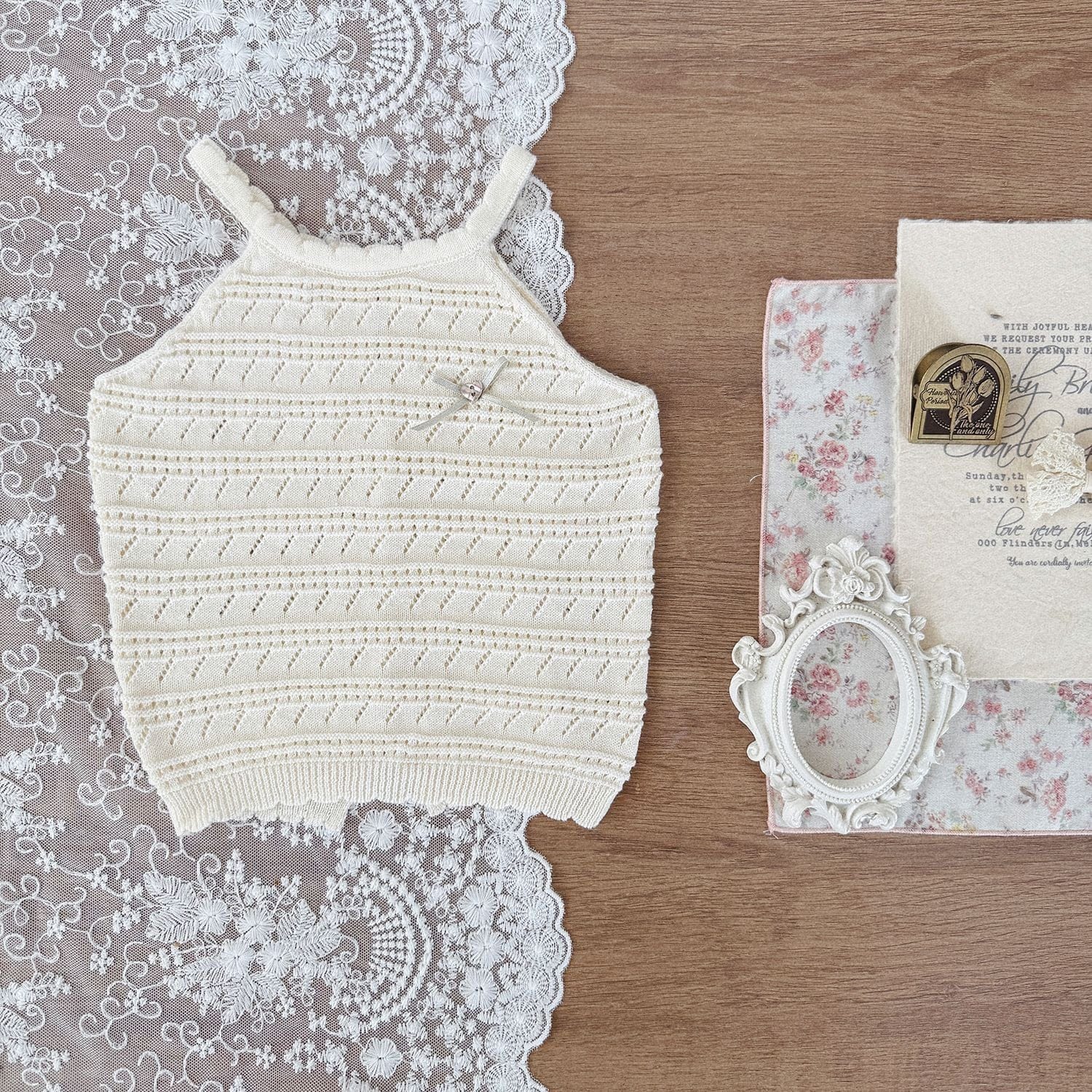 タンクトップ・キャミソール・ノースリーブトップス Apricot white / 73cm レースニットキャミソールタンクトップス【mh0009791】