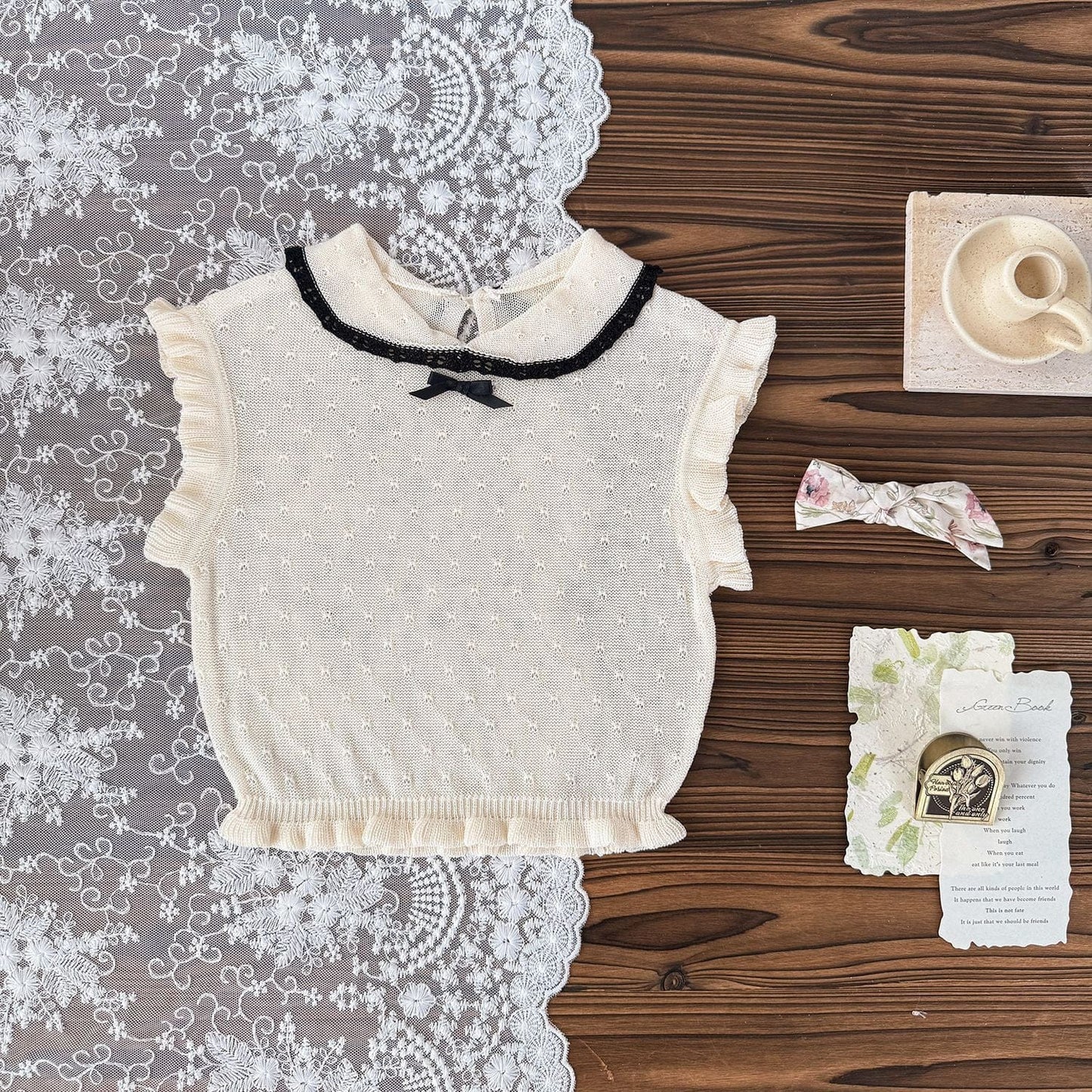 半袖シャツ・ブラウス Beige / 73cm レースニット襟付きフリルスリーブベストトップス【mh0009794】