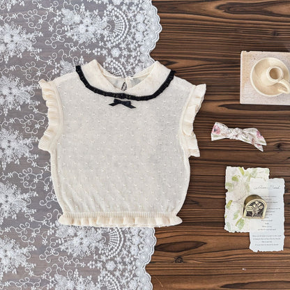 半袖シャツ・ブラウス Beige / 73cm レースニット襟付きフリルスリーブベストトップス【mh0009794】