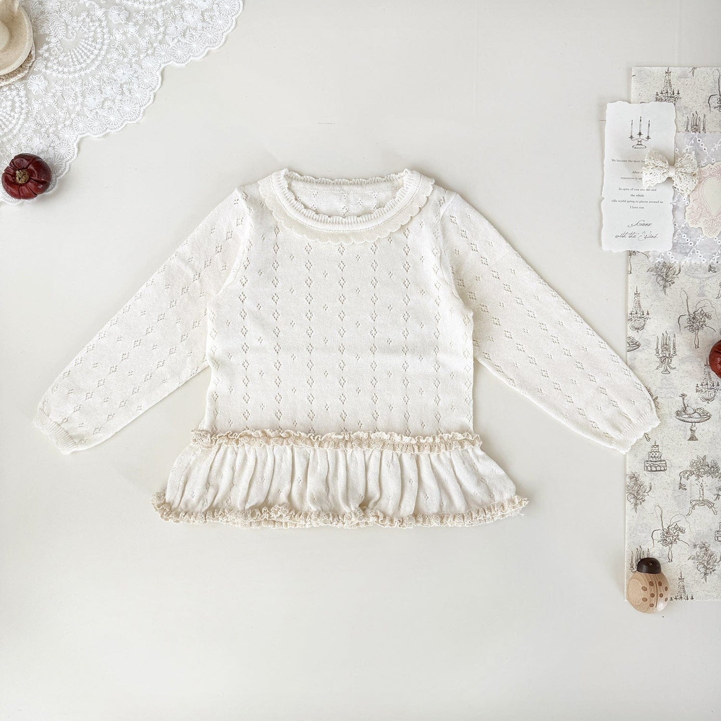 ニット・セーター Beige / 73cm ベビーキッズトップス ペプラムフリルレースニット長袖カットソーTシャツ【mh0009115】