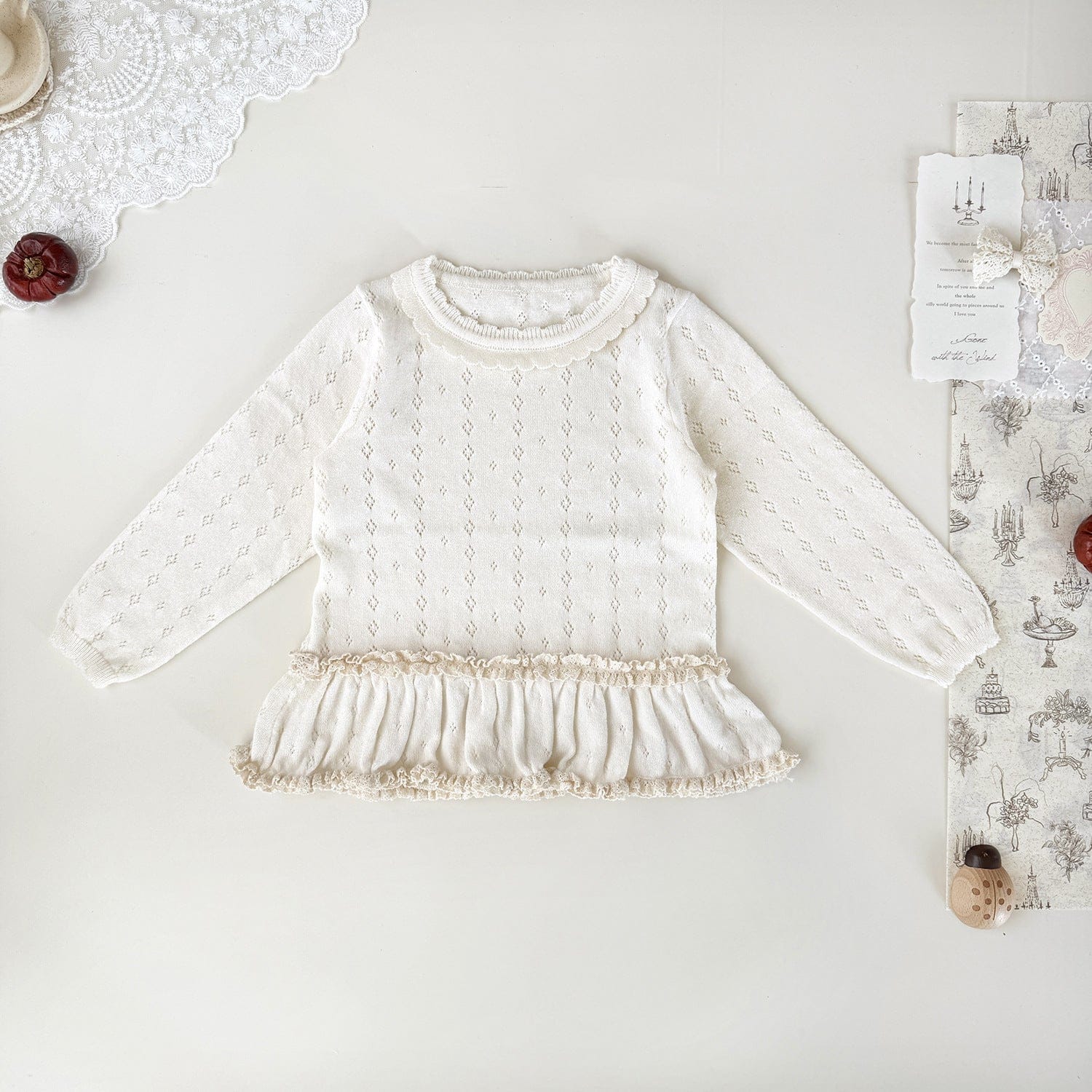 ニット・セーター Beige / 73cm ベビーキッズトップス ペプラムフリルレースニット長袖カットソーTシャツ【mh0009115】