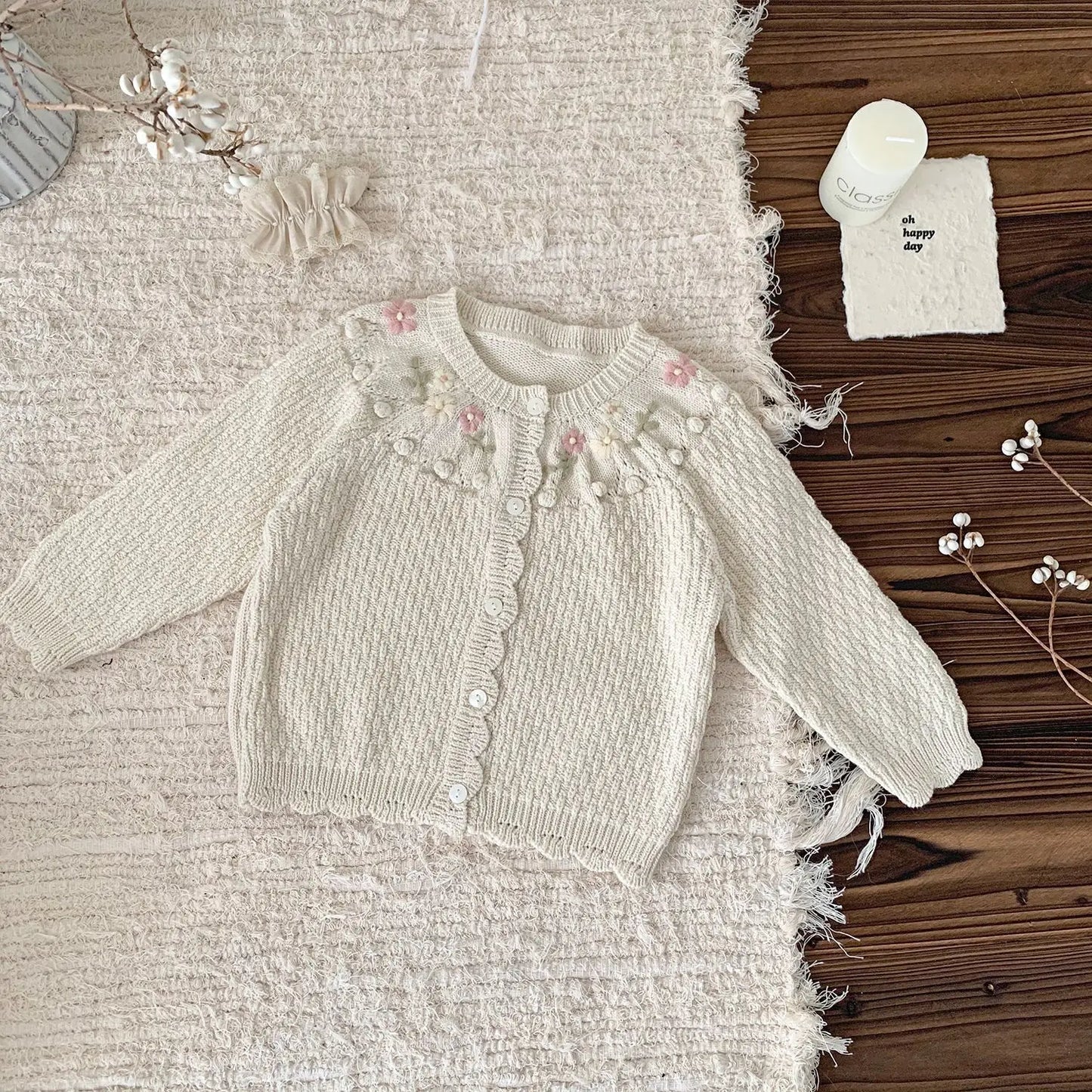 カーディガン・パーカー Beige / 9M (73) ベビーキッズカーディガン フラワー刺繍ニットジャケット 2カラー【mh0007242】