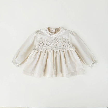 長袖シャツ・ブラウス Beige / 9M (73) ベビーキッズトップス スカラップレース刺繍スタンドフリルカラー長袖チュニックブラウス【mh0008922】