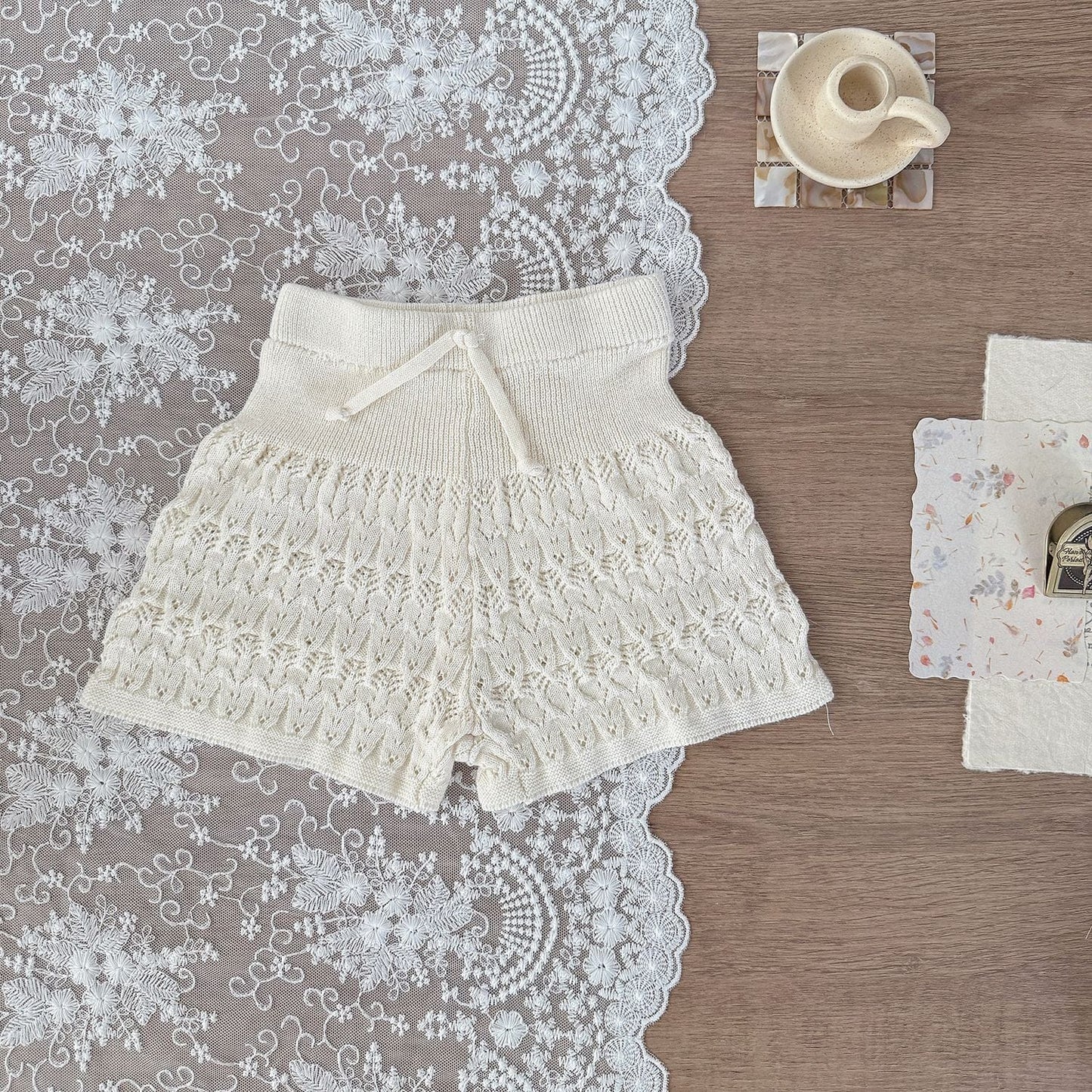 ハーフパンツ・ショートパンツ Beige Apricot / 73cm レースニットワイドルーズショートパンツ【mh0009571】