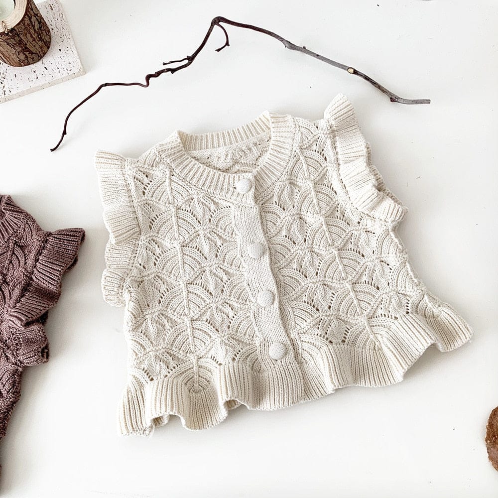 ベスト Beige White / 73cm ベビー キッズ ニット フリル ベスト カーディガン クリームアイボリー ライトコーヒー 2色 ガールズ 女の子【mh0002807】