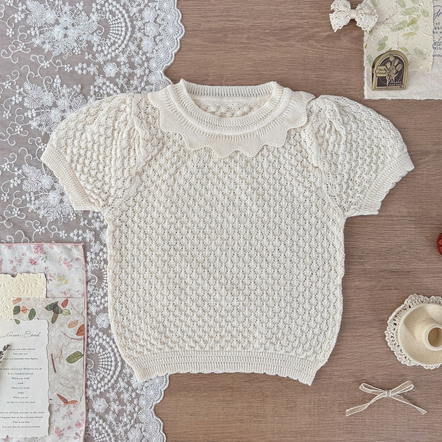 半袖シャツ・ブラウス Beige White / 73cm サマーニット半袖パフスリーブTシャツブラウス【mh0010425】