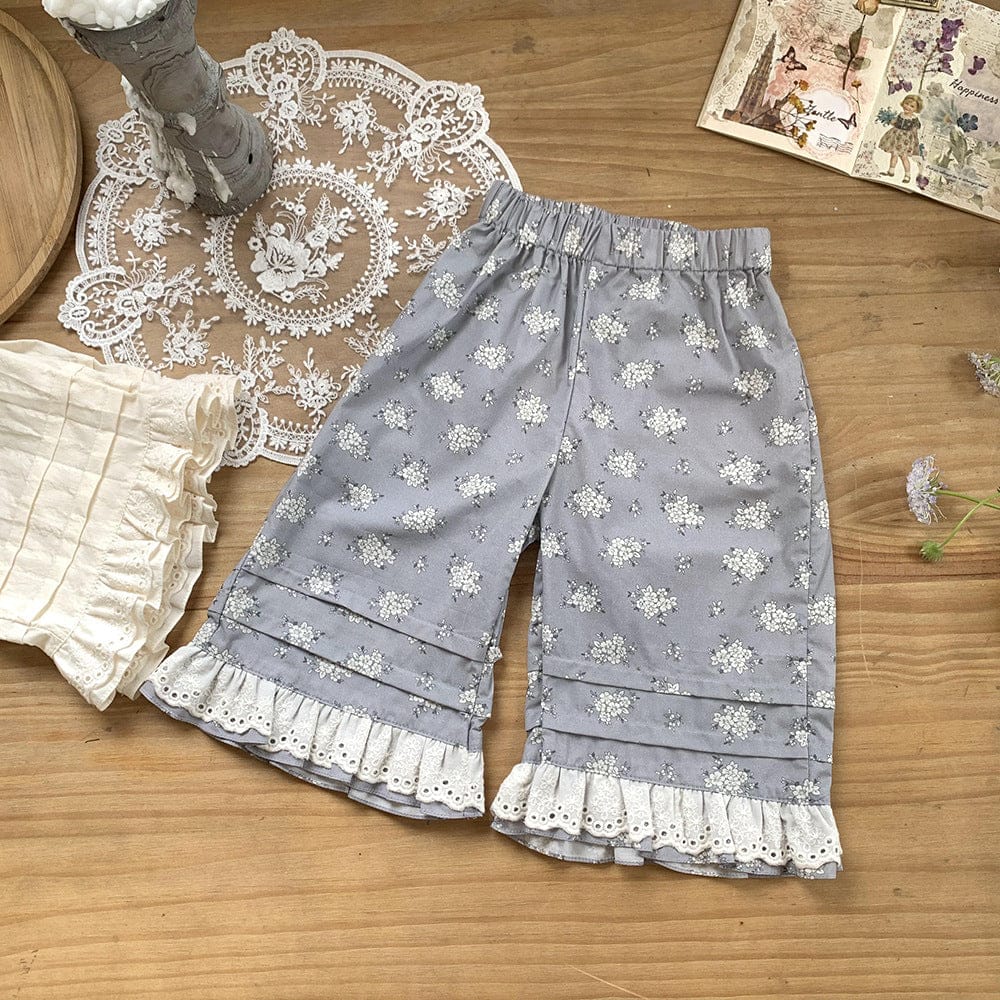 ロングパンツ・スウェットパンツ Blue / 73cm ベビーキッズパンツ フラワープリントレースフリルワイドルーズイージーパンツ【mh0009121】