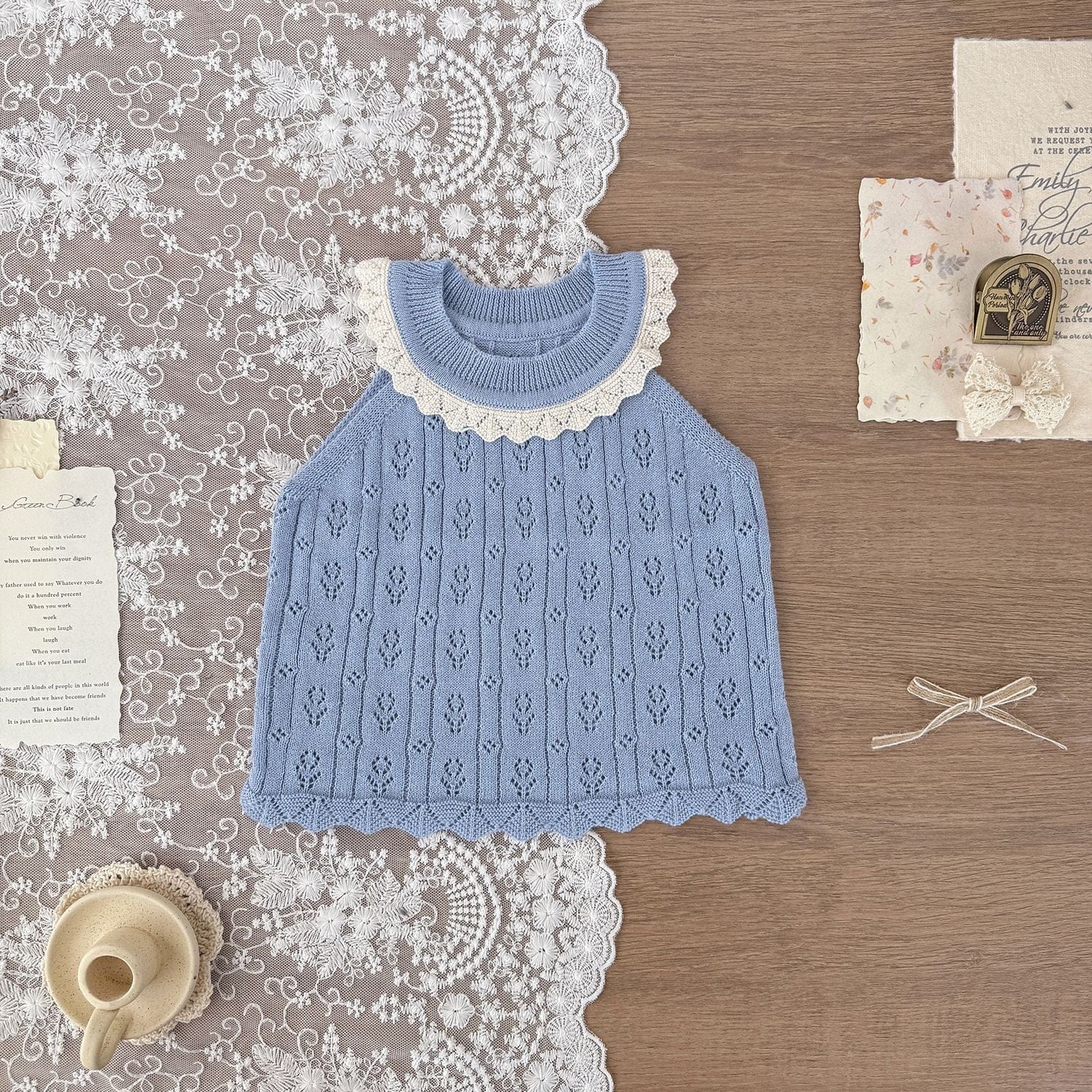 タンクトップ・キャミソール・ノースリーブトップス Blue / 73cm レースニットサマータンクトップ【mh0010451】