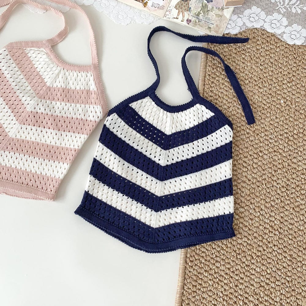 タンクトップ・キャミソール・ノースリーブトップス Blue / 73cm レースニットホルターネックタンクトップ【mh0010453】