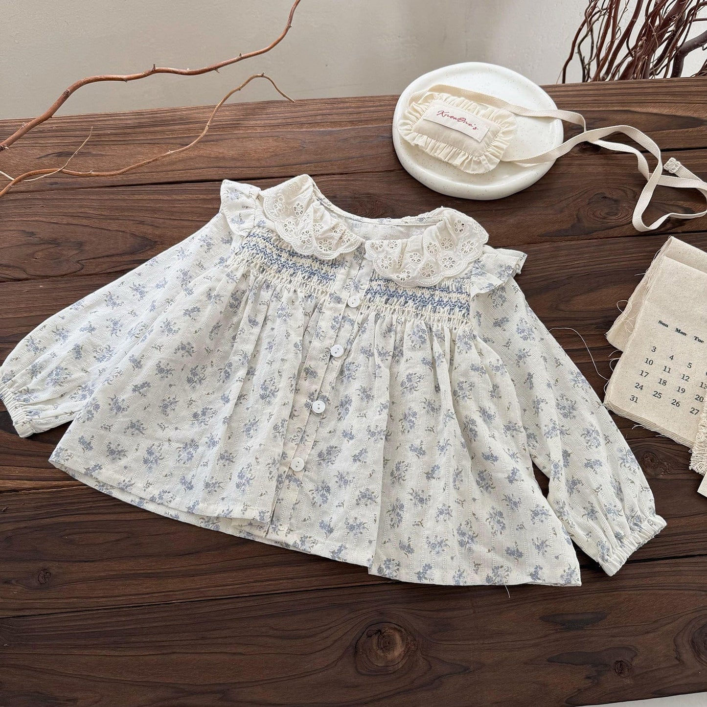 長袖シャツ・ブラウス Blue / 73cm フラワープリントシャーリングブラウス【mh0011154】