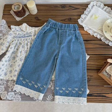 デニムパンツ Blue / 80cm Lace Embroidered Wide-Leg Jeans レース刺繍ワイドデニムパンツ【mh0012112】