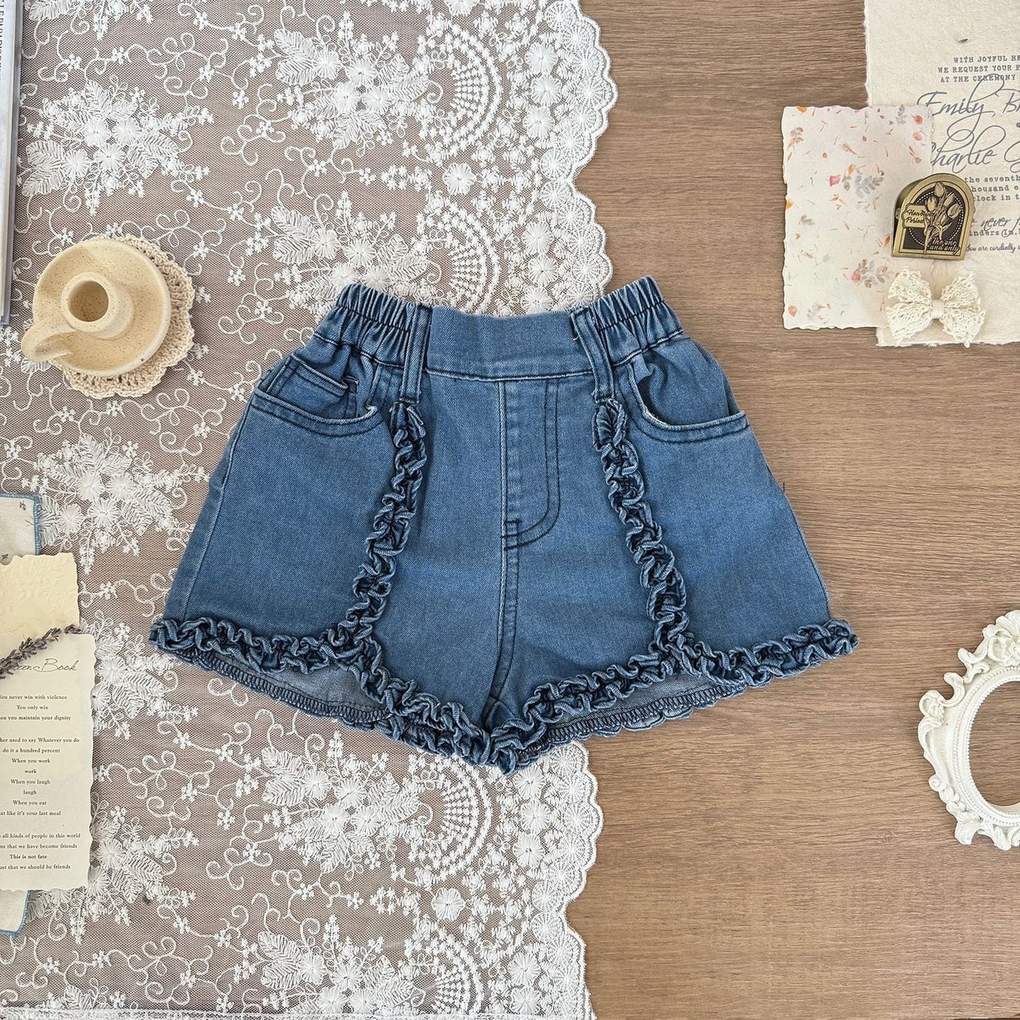 ハーフパンツ・ショートパンツ Blue / 80cm フリルエッジデニムショートパンツ【mh0010427】