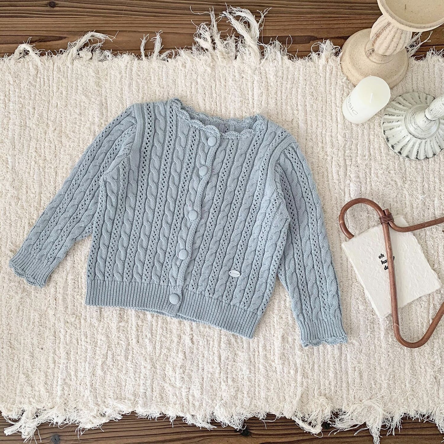 カーディガン・パーカー Blue Gray / 73cm Crochet Style Knit Cardigan クロシェ風 透かし編み ニット カーディガン【mh0012160】