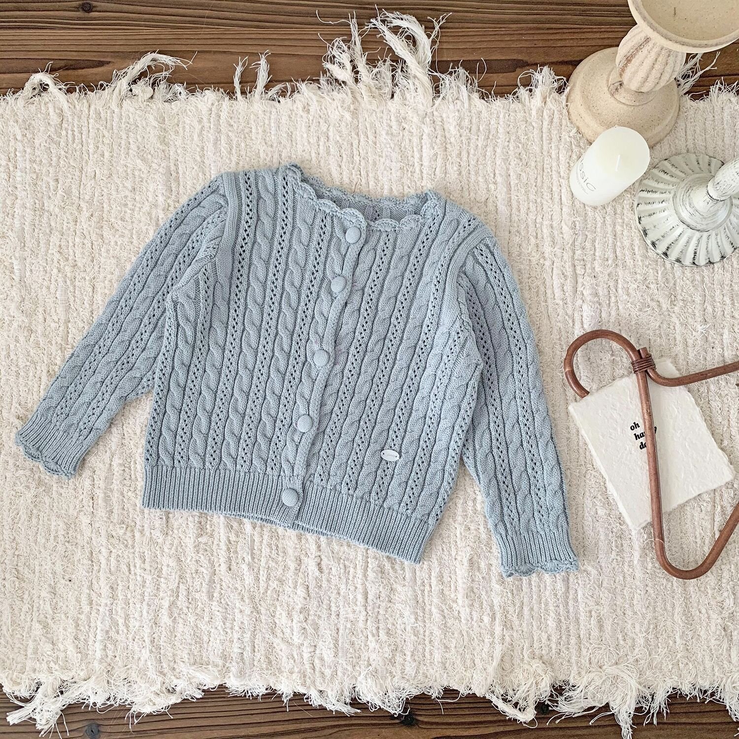 カーディガン・パーカー Blue Gray / 73cm Crochet Style Knit Cardigan クロシェ風 透かし編み ニット カーディガン【mh0012160】