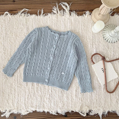 カーディガン・パーカー Blue Gray / 73cm Crochet Style Knit Cardigan クロシェ風 透かし編み ニット カーディガン【mh0012160】