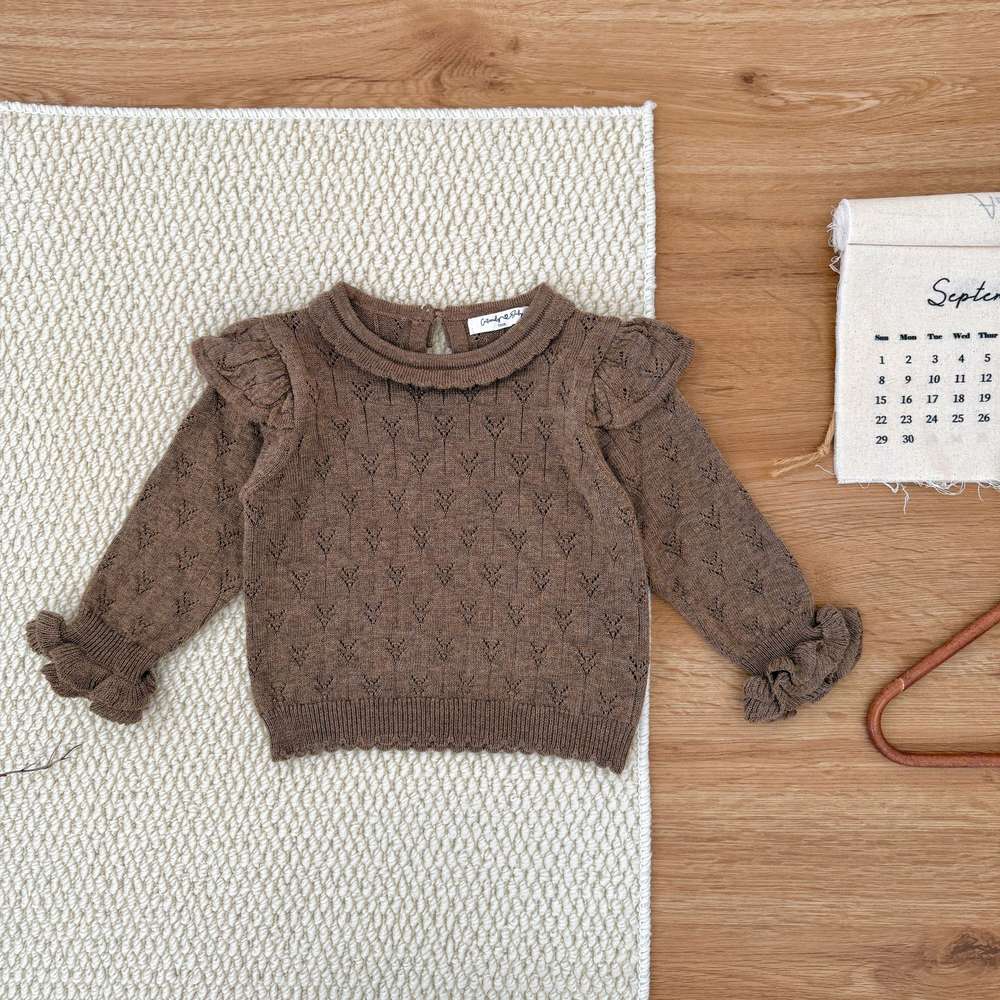 長袖セットアップ Camel top / 73cm 小花柄サロペットパンツ レースニット フリルセーター【mh0011522】