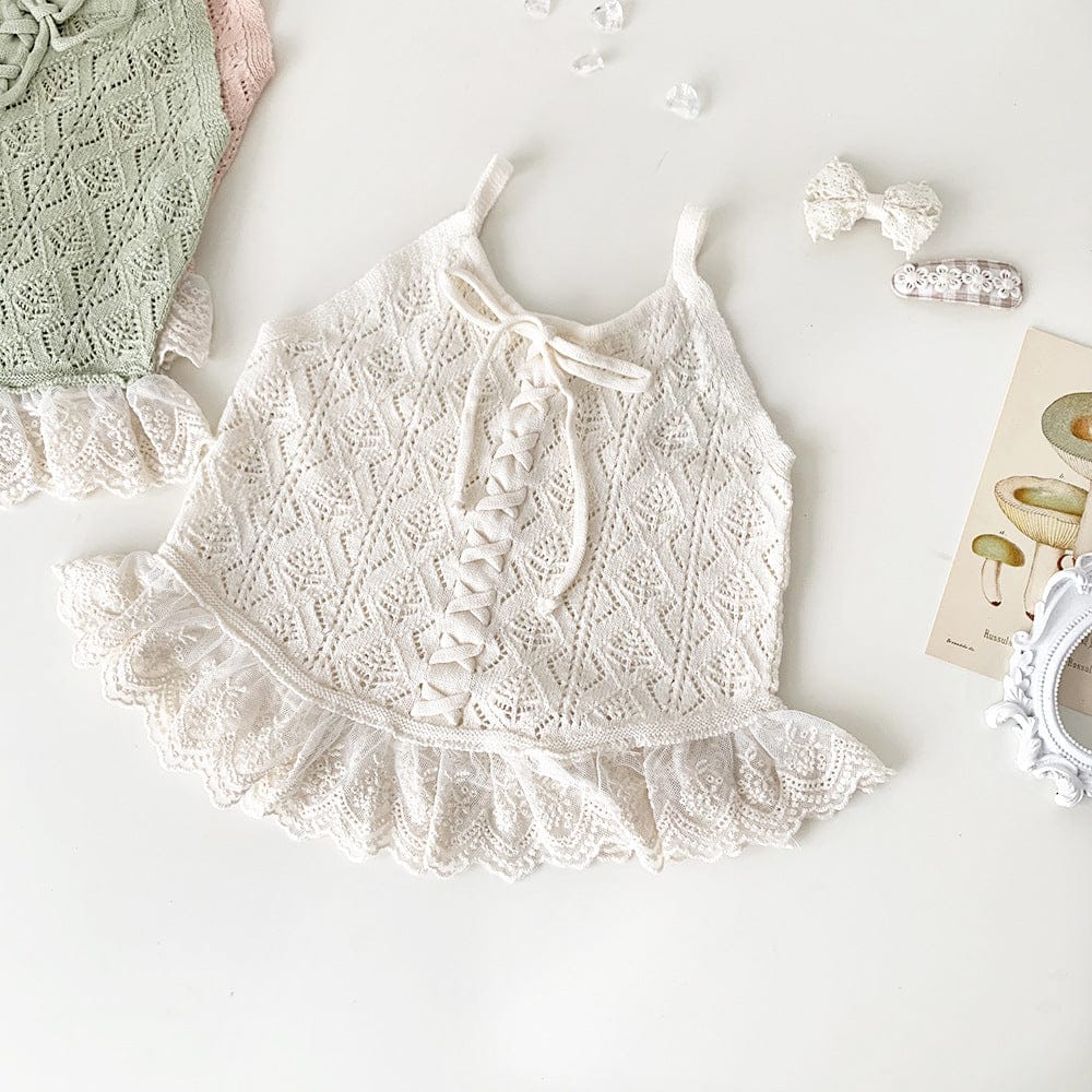 タンクトップ・キャミソール・ノースリーブトップス Cream / 73cm レースフリルニットキャミソールトップス【mh0009560】