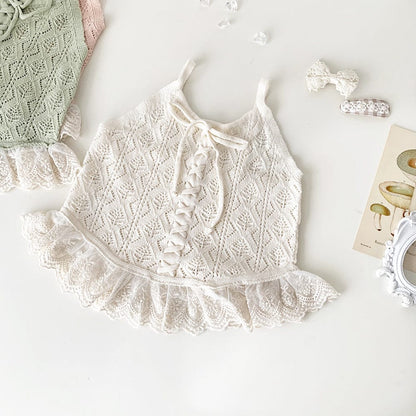 タンクトップ・キャミソール・ノースリーブトップス Cream / 73cm レースフリルニットキャミソールトップス【mh0009560】
