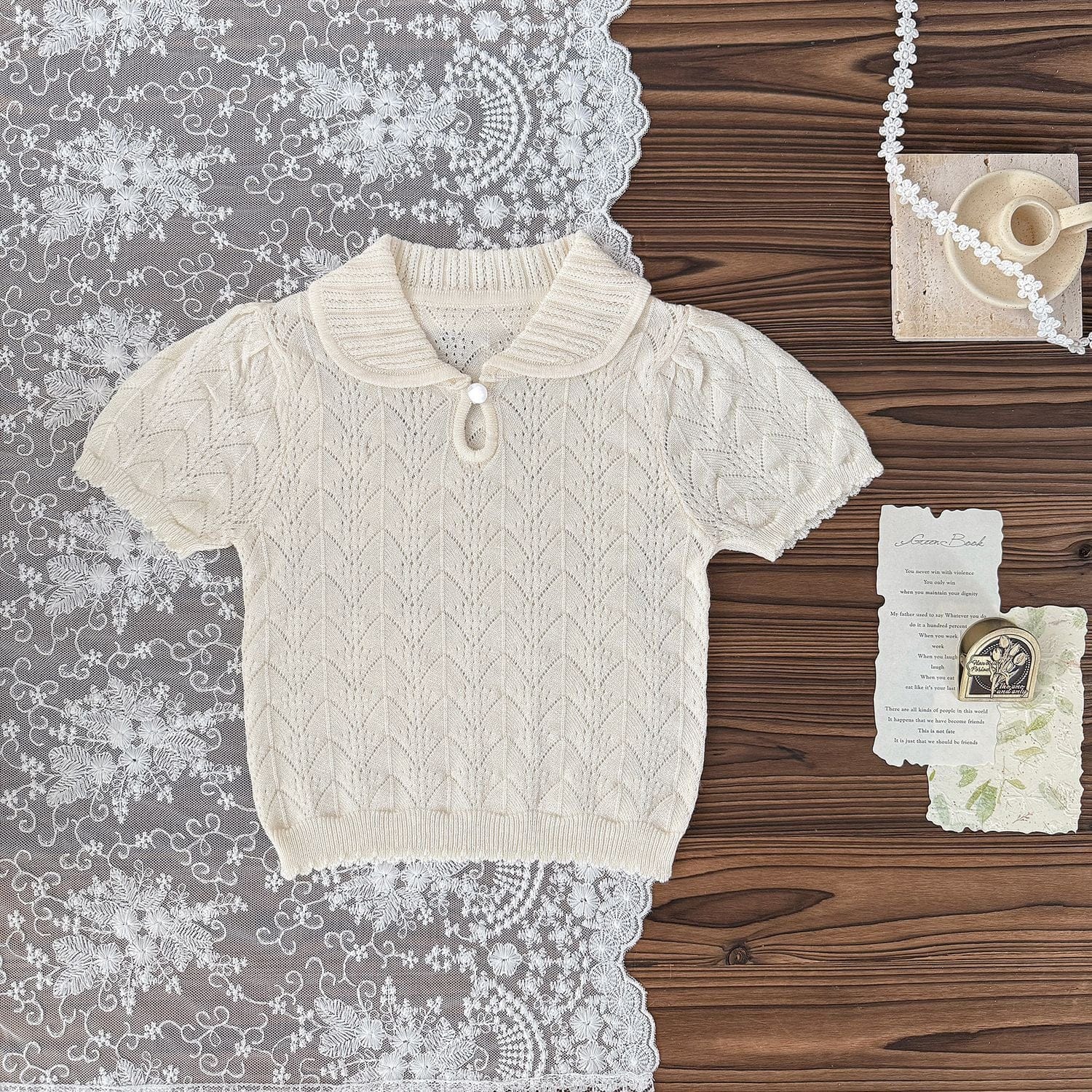 半袖シャツ・ブラウス Cream / 73cm レースニット半袖サマーセーター【mh0009570】