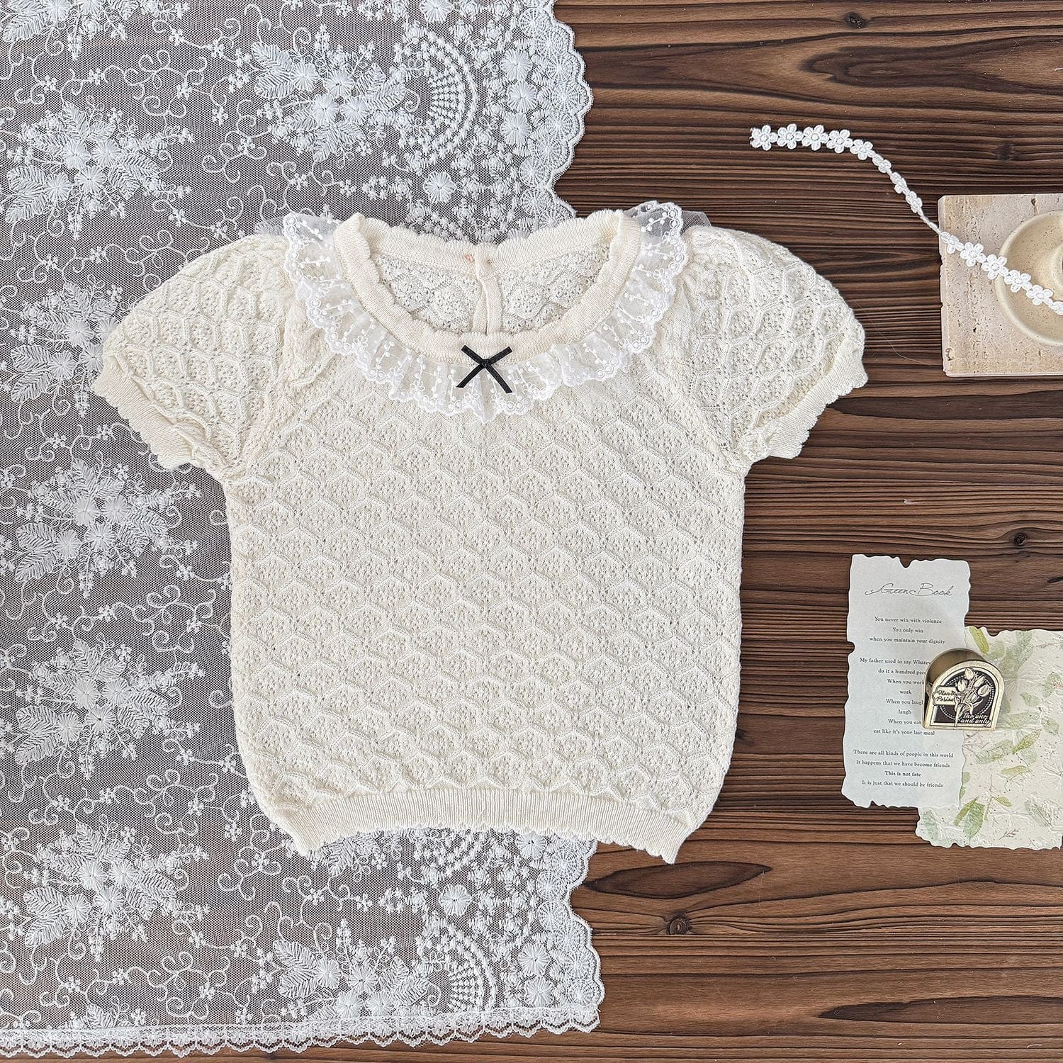 半袖シャツ・ブラウス Cream / 73cm リボンレース半袖ニットカットソー【mh0009573】