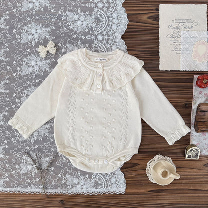 長袖ロンパース Creamy White / 66cm ベビーロンパース ラッフル襟レースニット長袖ボディスーツ【mh0009113】