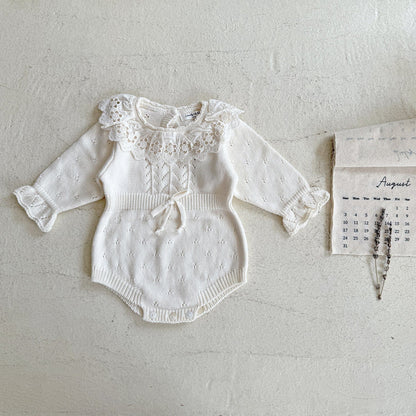 長袖ロンパース Creamy White / 66cm 花柄レース襟付き長袖ニットロンパース【mh0011150】