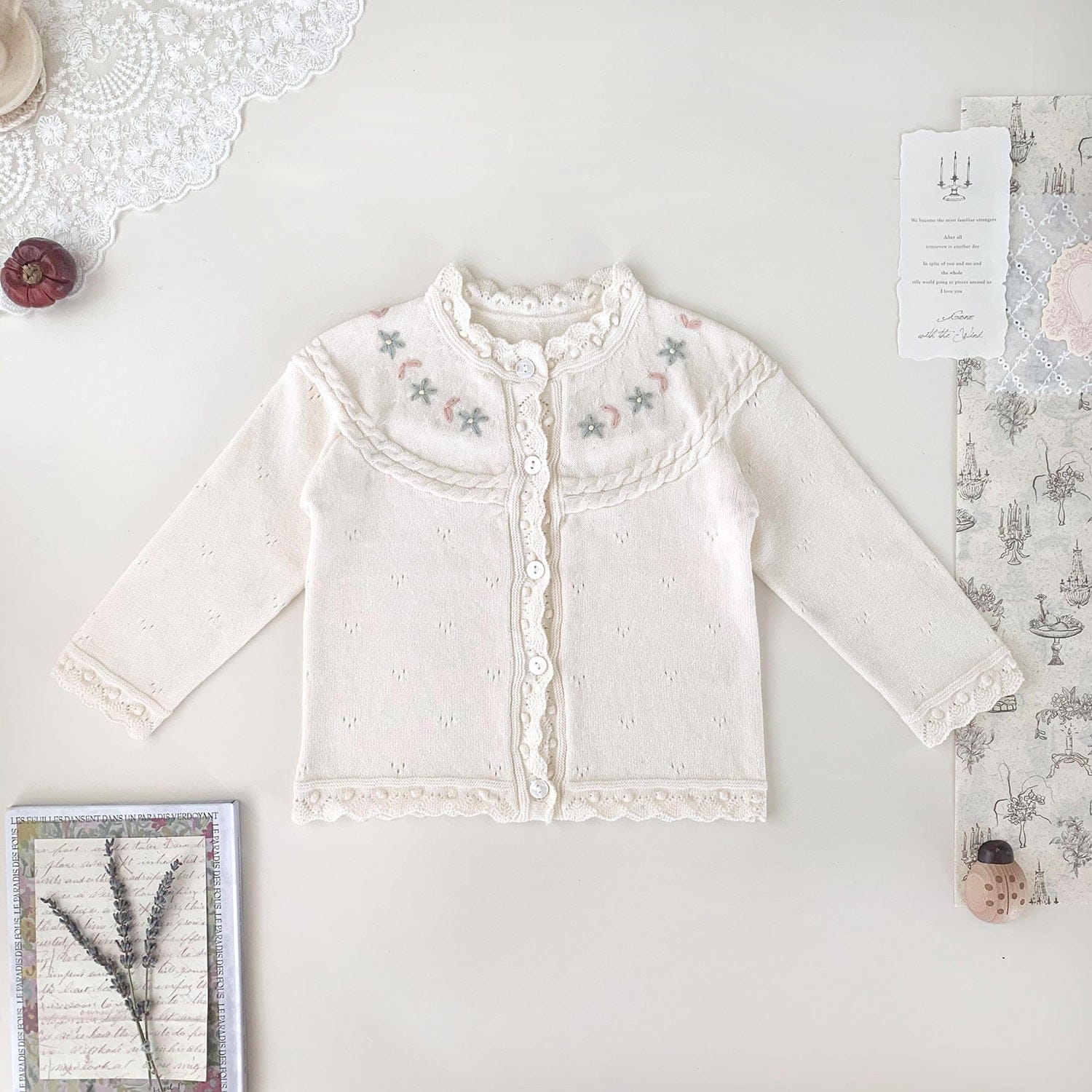 カーディガン・パーカー Creamy White / 73cm ベビーキッズカーディガン フラワー刺繍ニット長袖カーディガンジャケット【mh0009117】
