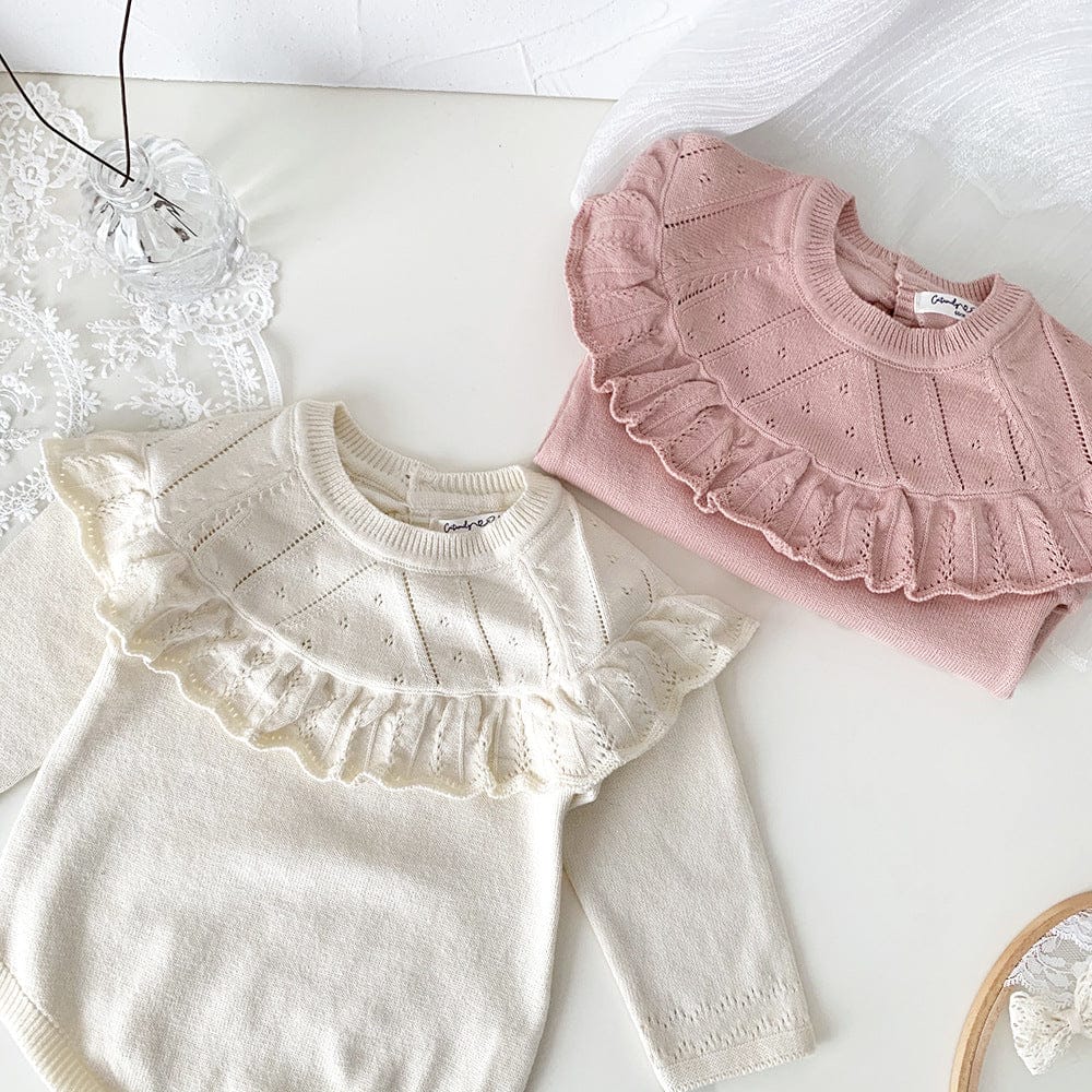 長袖ロンパース Creamy White / 73cm ベビーロンパース フリルショール襟ニット長袖ボディスーツ【mh0009122】