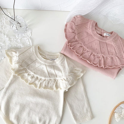 長袖ロンパース Creamy White / 73cm ベビーロンパース フリルショール襟ニット長袖ボディスーツ【mh0009122】