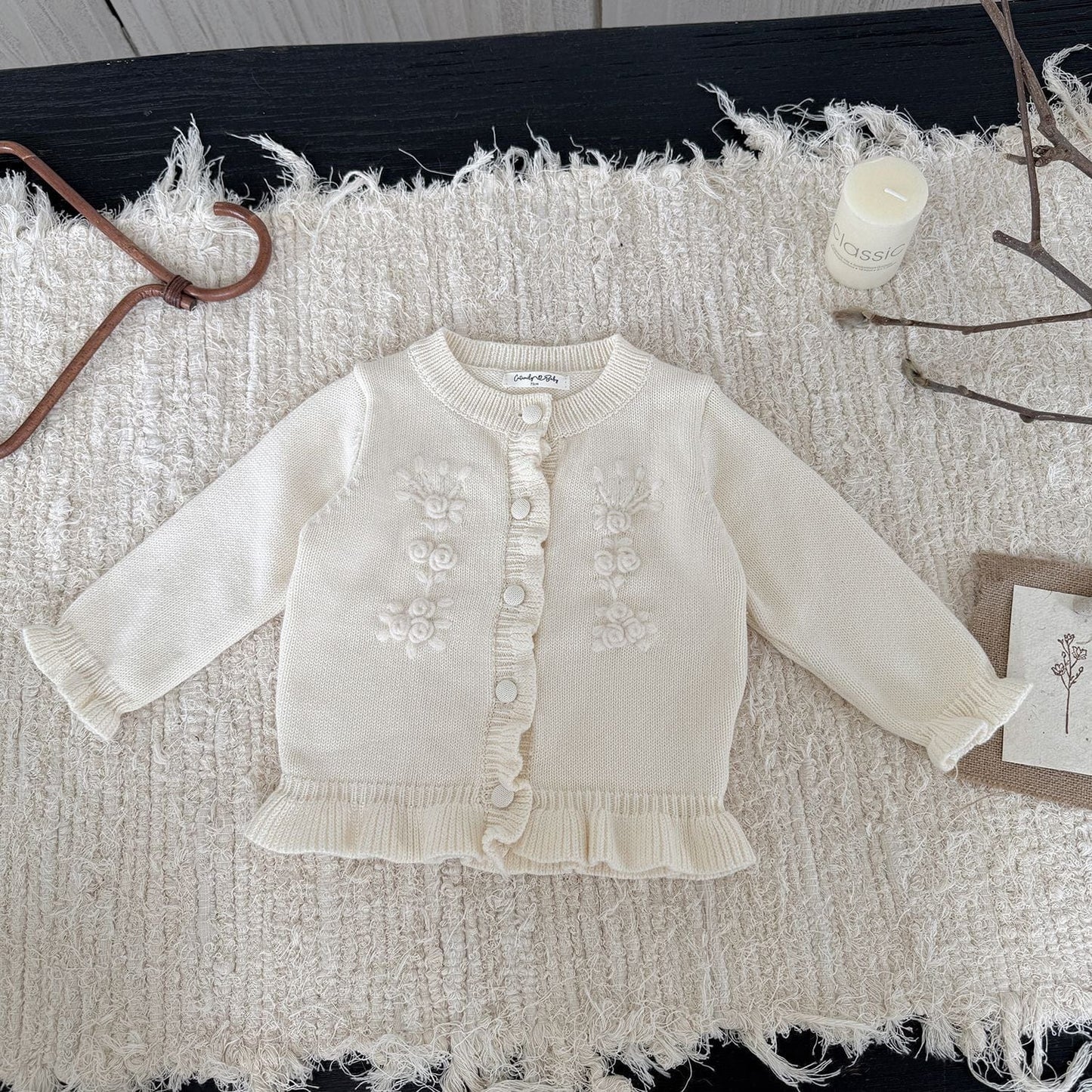 カーディガン・パーカー Creamy White / 73cm フラワー刺繍フリルニットカーディガン【mh0011147】