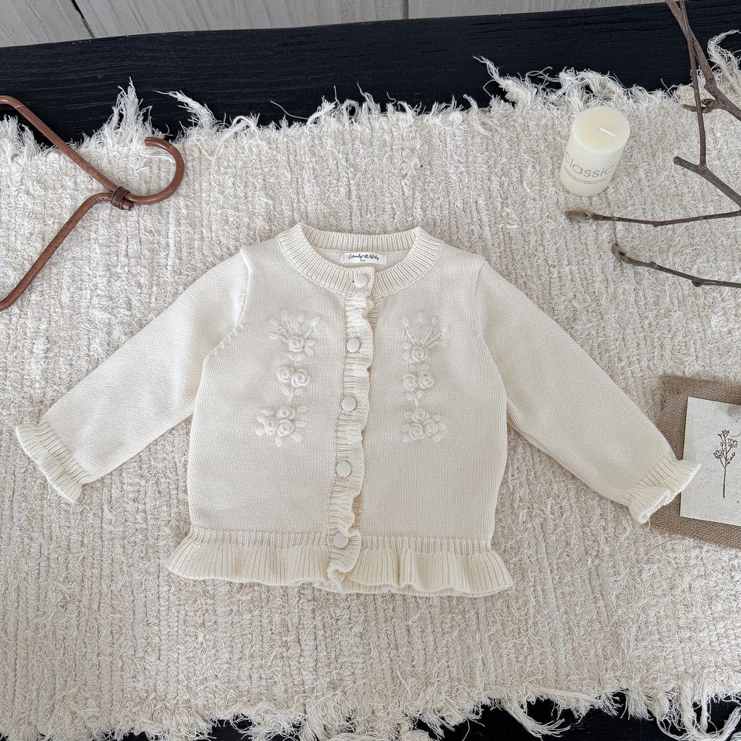 カーディガン・パーカー Creamy White / 73cm フラワー刺繍フリルニットカーディガン【mh0011147】