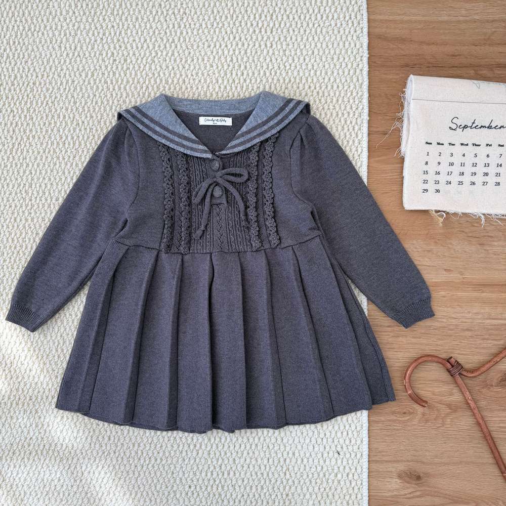 長袖ワンピース Dark Gray / 80cm 長袖ニットワンピース セーラー襟 プリーツスカート ベビー服【mh0011512】