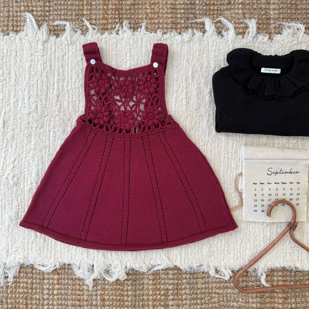 ノースリーブワンピース Dark Red / 80cm ノースリーブジャンパースカート クロシェ編み サス付き ニットワンピース【mh0011517】