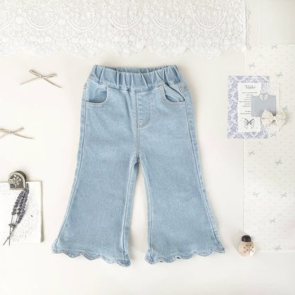 長袖セットアップ Flare jeans / 80cm ベビーキッズトップス/パンツ フラワープリント長袖チュニックブラウス/裾スカラップフリルロングデニムパンツジーンズ【mh0009119】