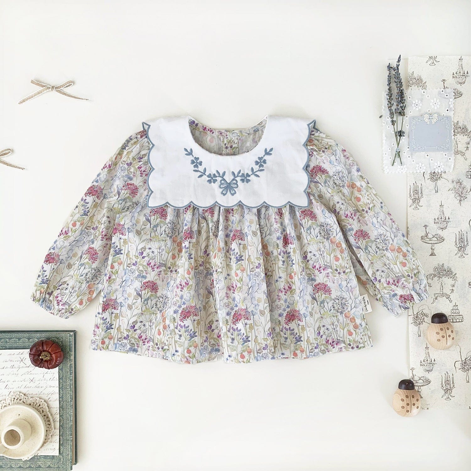 長袖セットアップ Floral shirt / 73cm ベビーキッズトップス/パンツ フラワープリント長袖チュニックブラウス/裾スカラップフリルロングデニムパンツジーンズ【mh0009119】