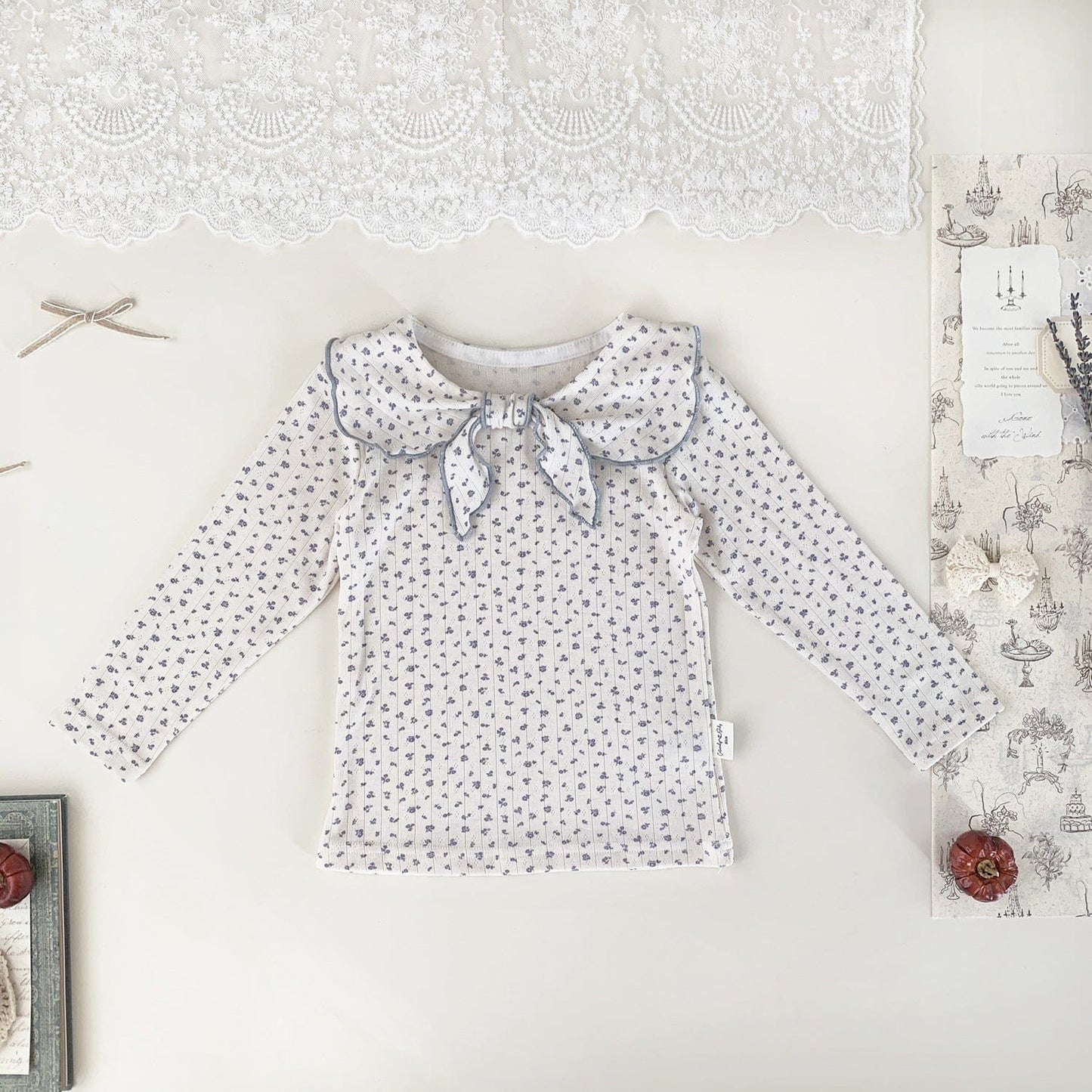 長袖セットアップ Floral T-shirt / 73cm キッズトップス/パンツ セーラーリボン襟長袖Tシャツ/裾絞りロングパンツ【mh0009126】