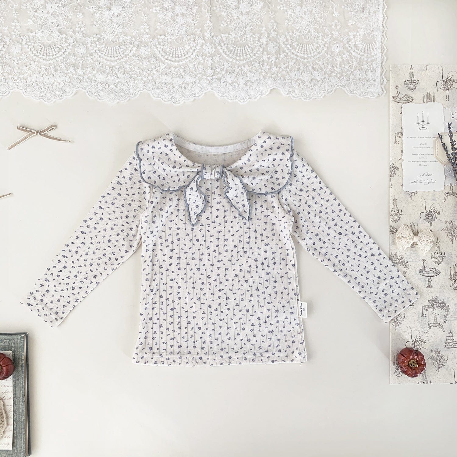 長袖セットアップ Floral T-shirt / 73cm キッズトップス/パンツ セーラーリボン襟長袖Tシャツ/裾絞りロングパンツ【mh0009126】