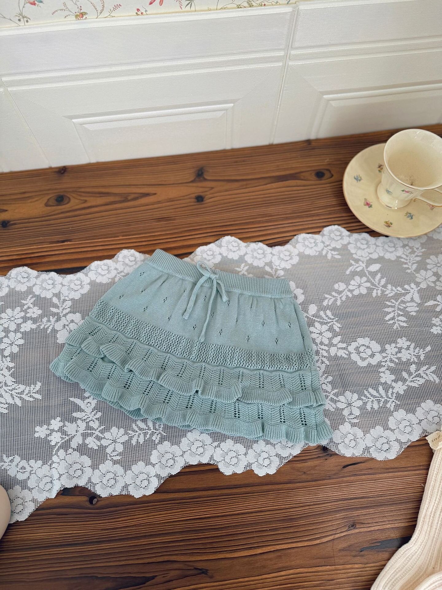 ハーフパンツ・ショートパンツ Gray Blue / 73cm Knitted Pleated Lace Culottes ニットプリーツレースキュロット【mh0012109】