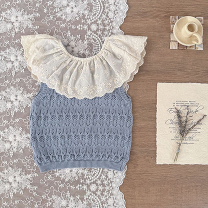 ノースリーブセットアップ Gray-blue vest / 73cm ビッグラッフル襟サマーニットノースリーブトップス/ニットショートパンツ【mh0010424】