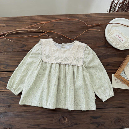 長袖シャツ・ブラウス Green / 73cm 花柄刺繍ビッグ襟ブラウス【mh0011156】