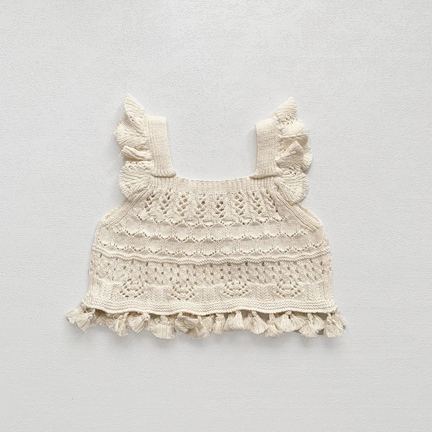 ベスト Ivory / 9M (73) ベビーキッズベスト レースニットフリルショルダー重ね着フリンジベストトップス 2カラー【mh0006725】