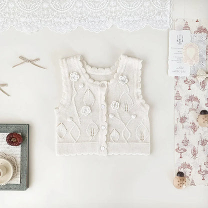 ベスト Ivory / 9M (73) ベビーキッズベスト フラワー刺繍ニット前あきベスト【mh-0008924】