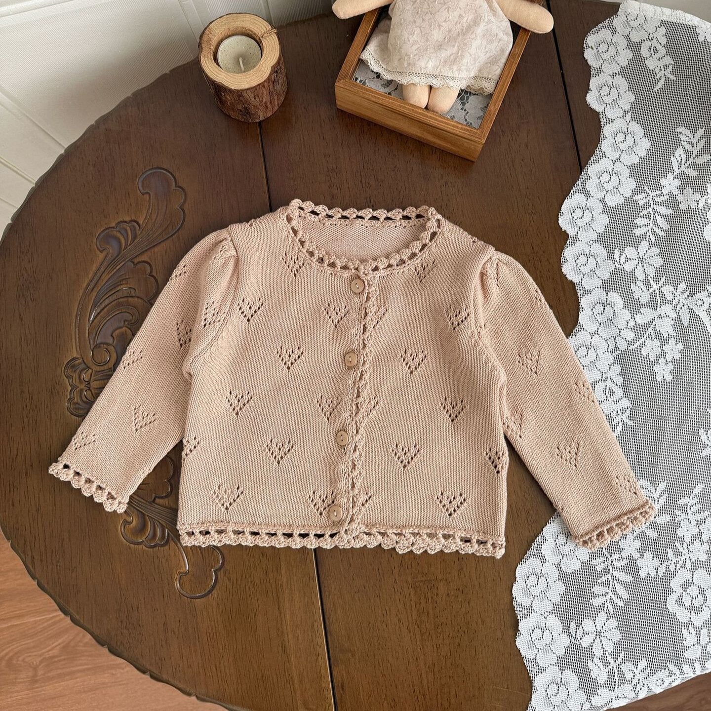 カーディガン・パーカー Khaki / 73cm Hand-Knit Style Lace Cardigan クロシェ風 レース カーディガン【mh0012157】