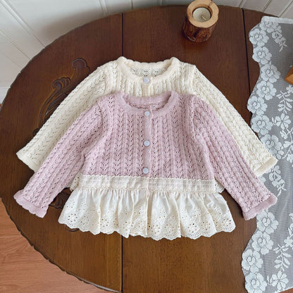 カーディガン・パーカー Lace Trimmed Cutout Knitted Cardigan レース切替 透かし編み ニット カーディガン【mh0012156】